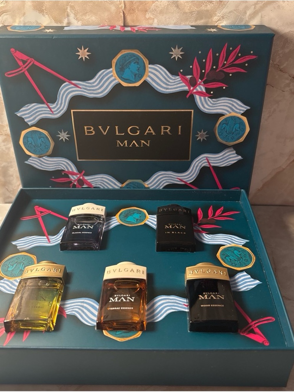 Bulgari Man Fragrance mini Set — Teal Box with Gold, Black and Amber Bottles